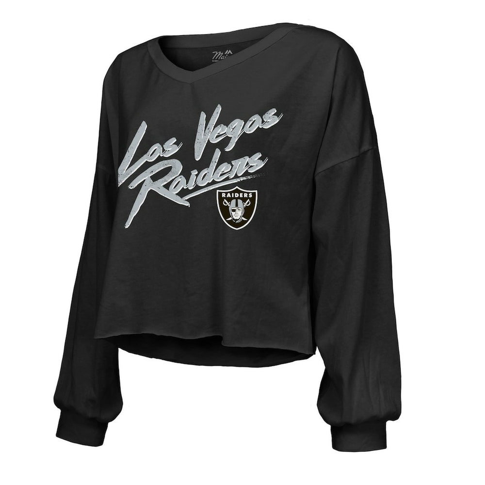 Ashton Jeanty Las Vegas Raiders Majestic Threads Women's Name & Number Off-Shoulder Script Cropped Long Sleeve Relaxed V-Neck T-Shirt Black - NFL