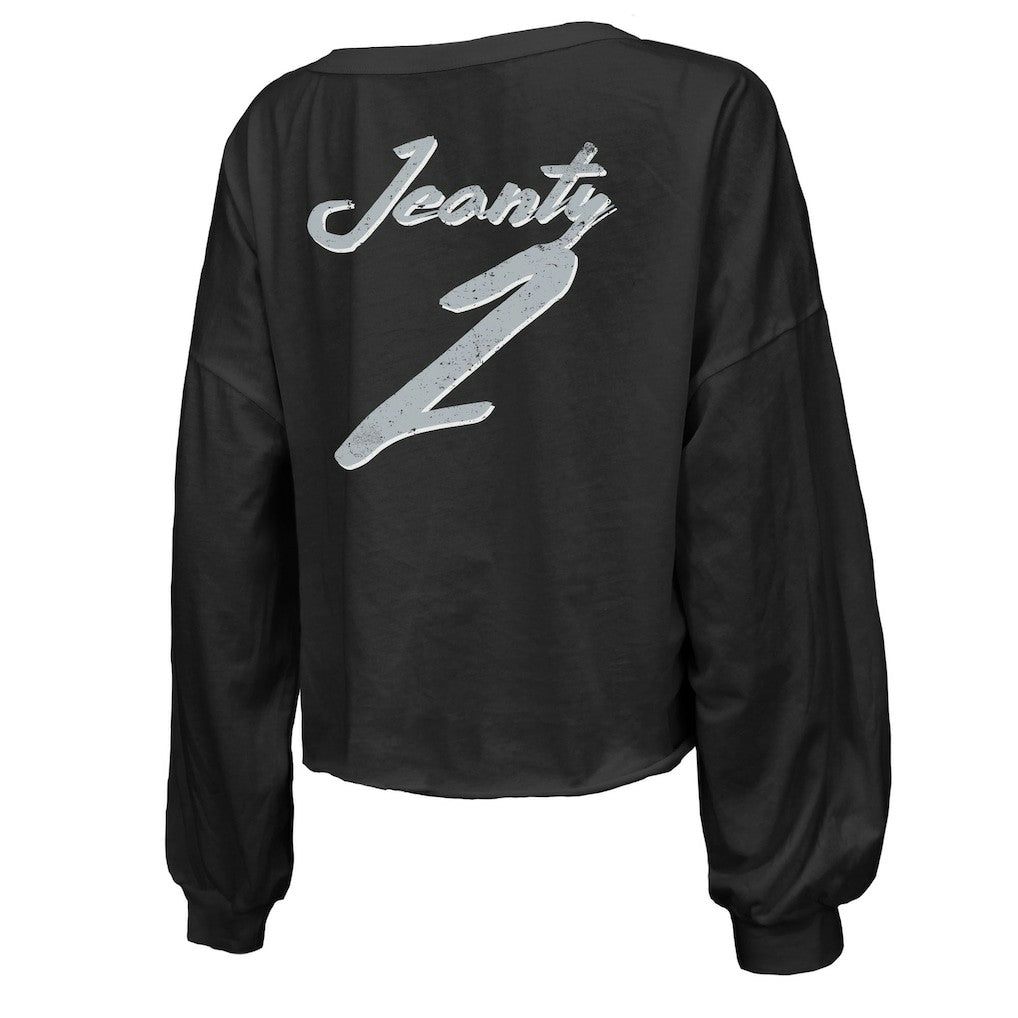 Ashton Jeanty Las Vegas Raiders Majestic Threads Women's Name & Number Off-Shoulder Script Cropped Long Sleeve Relaxed V-Neck T-Shirt Black - NFL