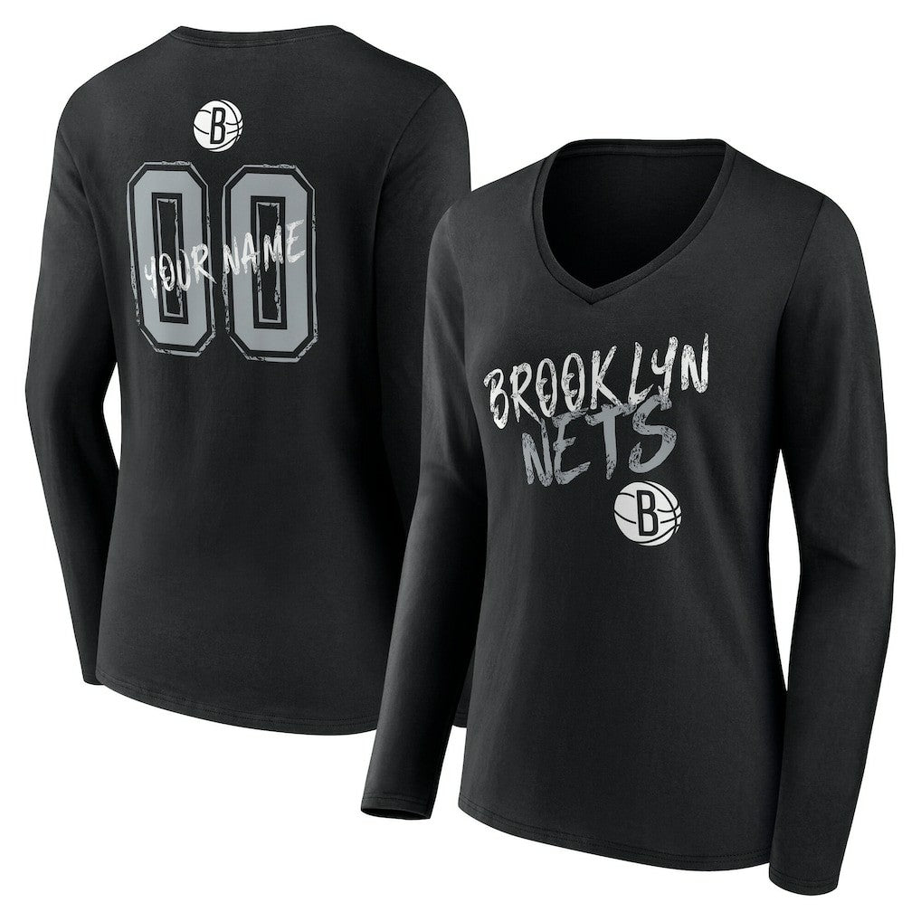 NBA - Brooklyn Nets Women's Hustle Custom Long Sleeve V-Neck T-Shirt - Black