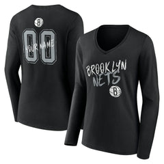 NBA - Brooklyn Nets Women's Hustle Custom Long Sleeve V-Neck T-Shirt - Black