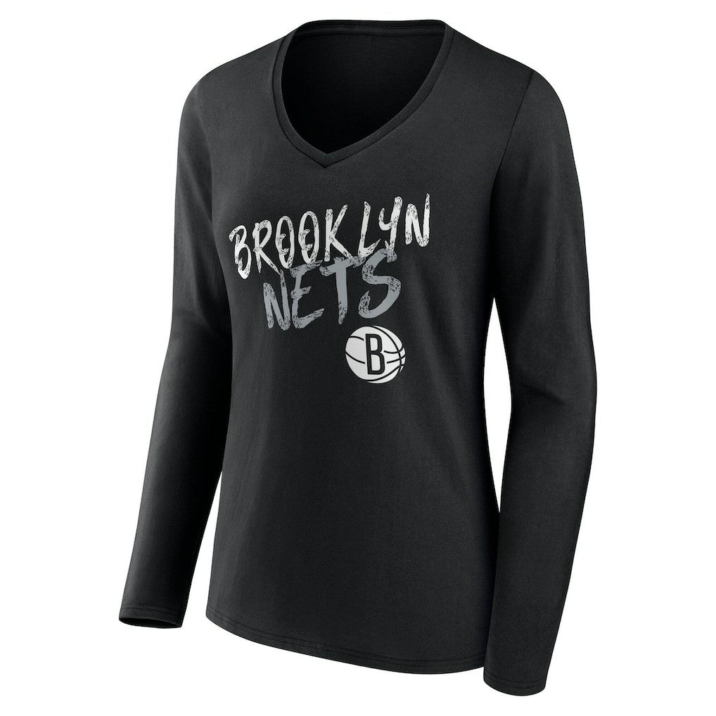 NBA - Brooklyn Nets Women's Hustle Custom Long Sleeve V-Neck T-Shirt - Black