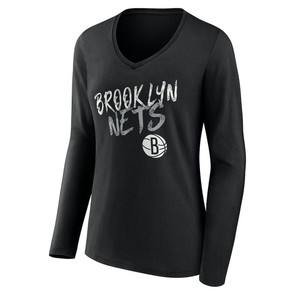 NBA - Brooklyn Nets Women's Hustle Custom Long Sleeve V-Neck T-Shirt - Black