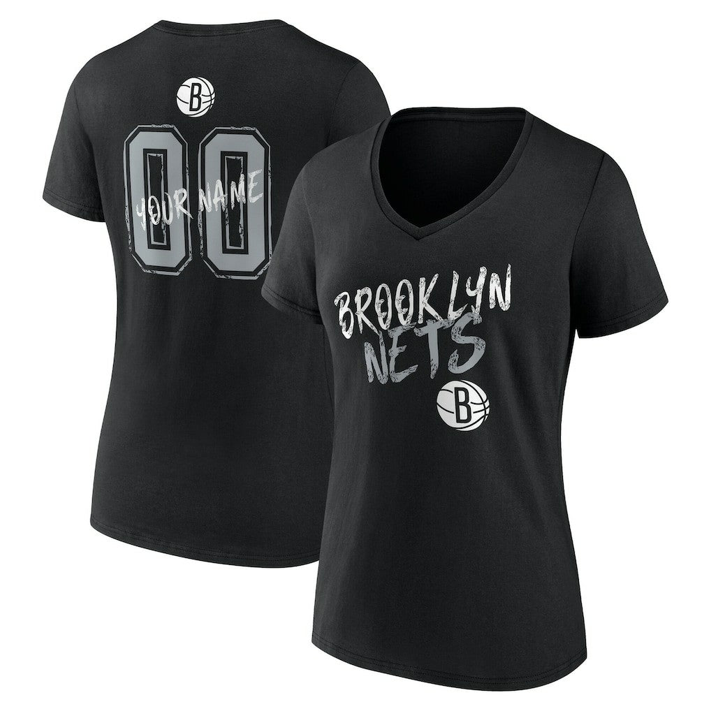 NBA - Brooklyn Nets Women's Hustle Custom V-Neck T-Shirt - Black