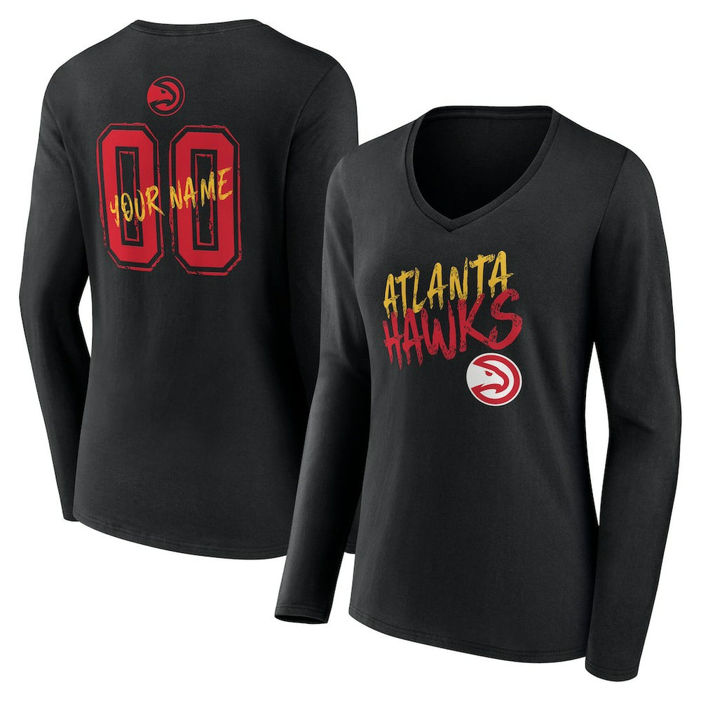 NBA - Atlanta Hawks Women's Hustle Custom Long Sleeve V-Neck T-Shirt - Black