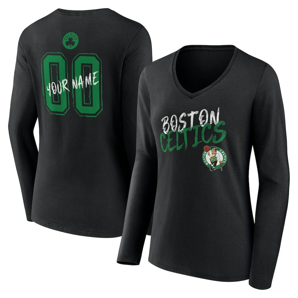 NBA - Boston Celtics Women's Hustle Custom Long Sleeve V-Neck T-Shirt - Black