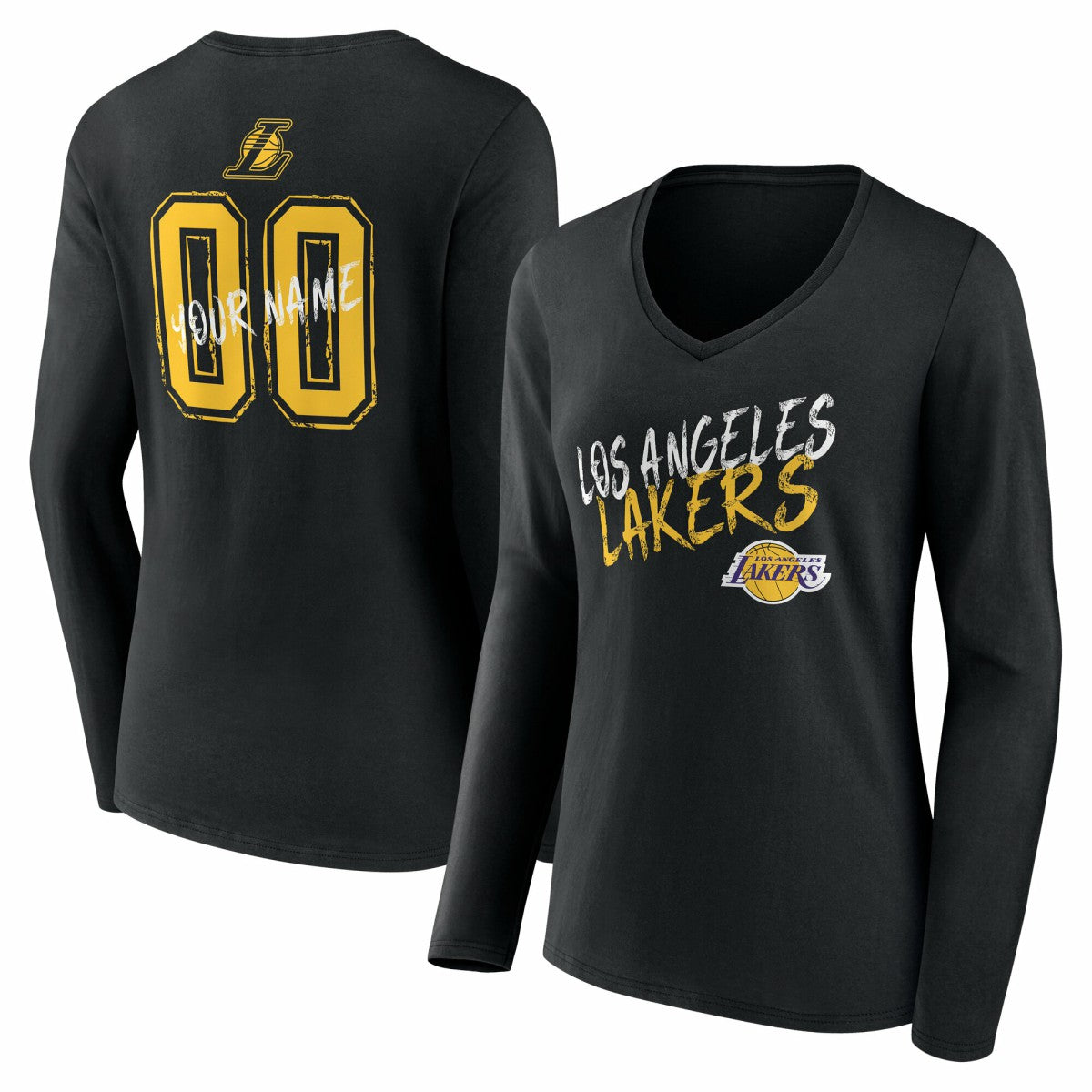 NBA - Los Angeles Lakers Women's Hustle Custom Long Sleeve V-Neck T-Shirt - Black