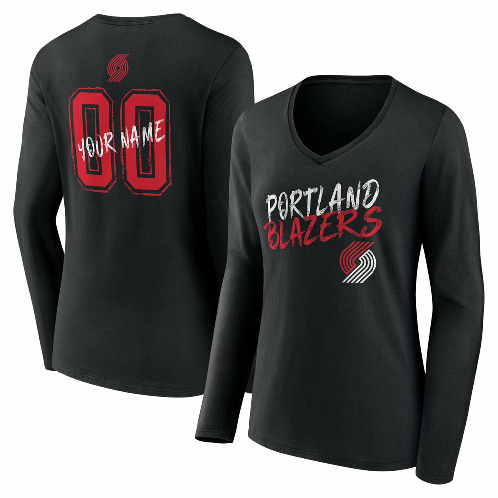 NBA - Portland Trail Blazers Women's Hustle Custom Long Sleeve V-Neck T-Shirt - Black