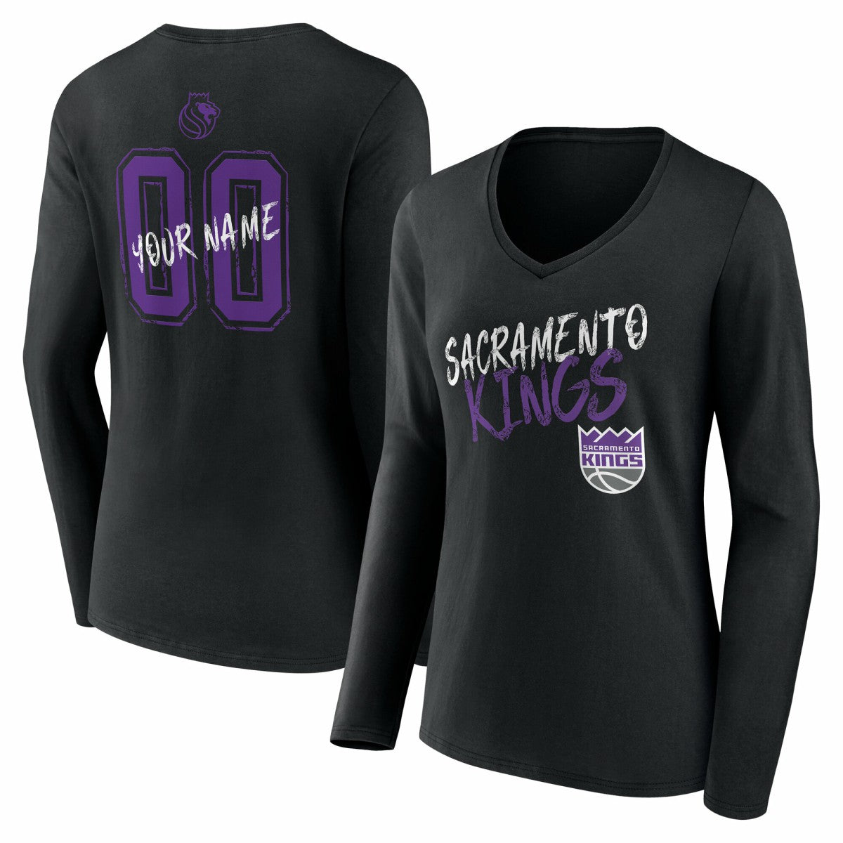 NBA - Sacramento Kings Women's Hustle Custom Long Sleeve V-Neck T-Shirt - Black