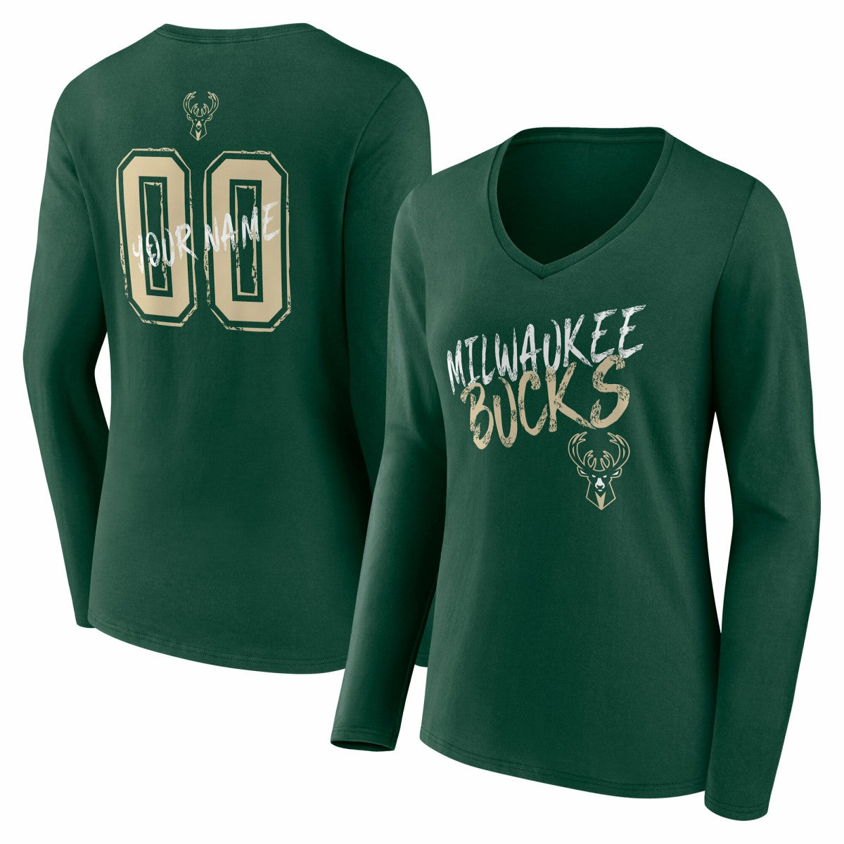 NBA - Milwaukee Bucks Women's Hustle Custom Long Sleeve V-Neck T-Shirt - Hunter Green
