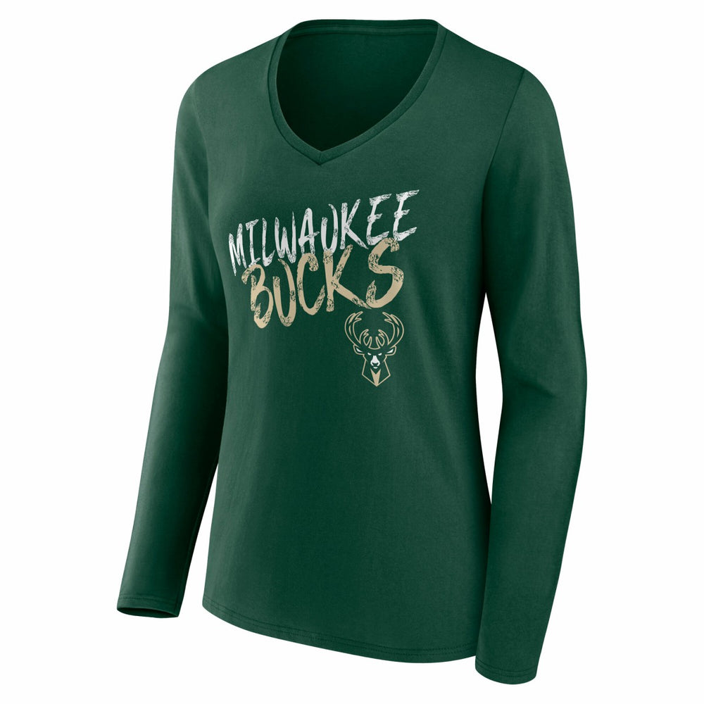 NBA - Milwaukee Bucks Women's Hustle Custom Long Sleeve V-Neck T-Shirt - Hunter Green