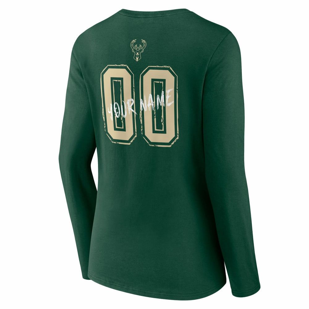 NBA - Milwaukee Bucks Women's Hustle Custom Long Sleeve V-Neck T-Shirt - Hunter Green