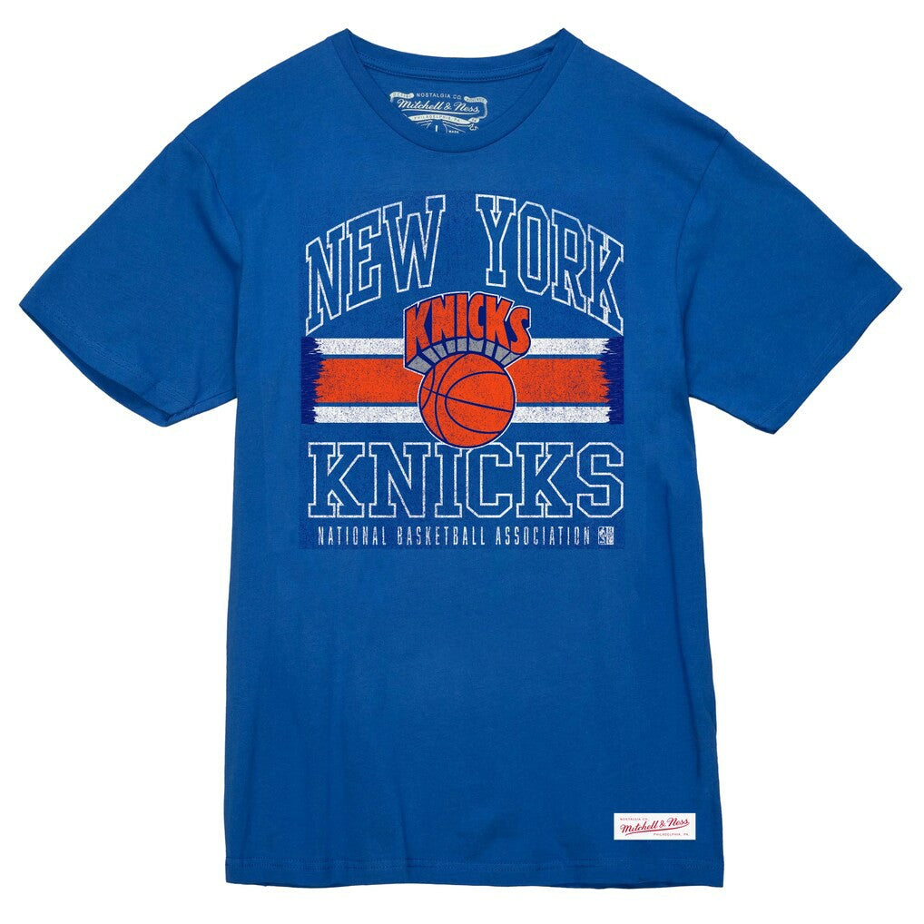 Mitchell & Ness - New York Knicks Striped Logo Lockup Premium T-Shirt - Royal