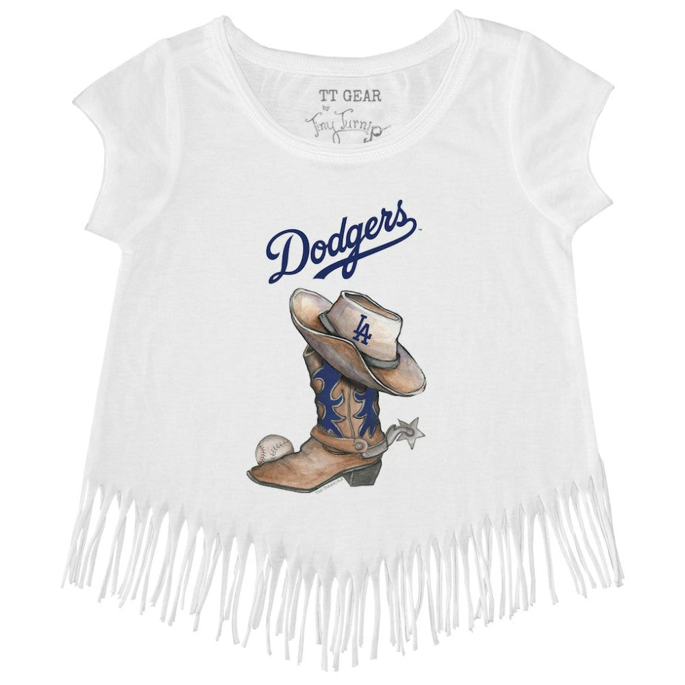 Los Angeles Dodgers Tiny Turnip Girls Youth Cowboy Boot Fringe T-Shirt On Sale