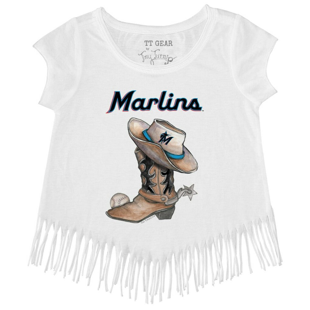 Miami Marlins Tiny Turnip Girls Youth Cowboy Boot Fringe T-Shirt On Sale