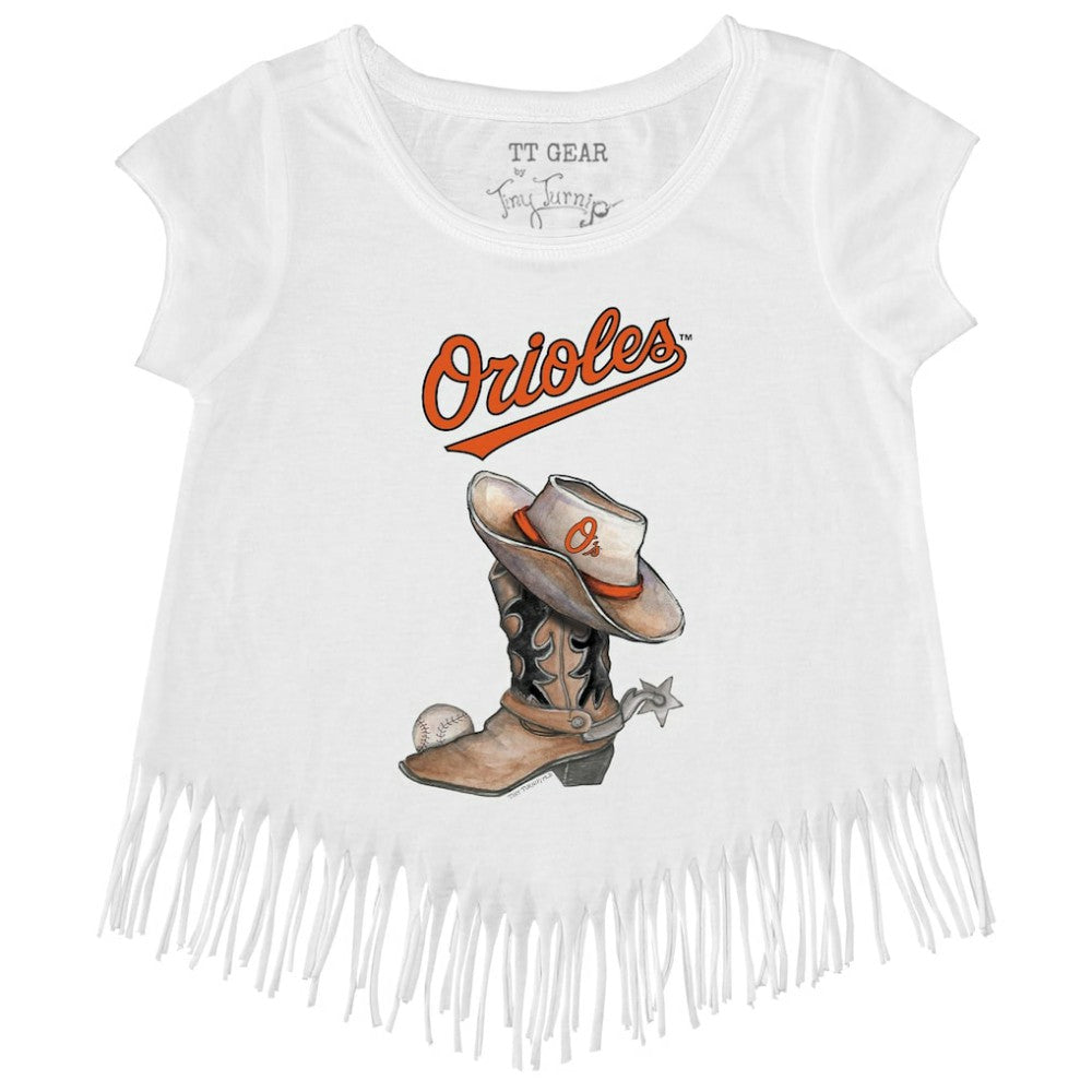 Baltimore Orioles Tiny Turnip Girls Youth Cowboy Boot Fringe T-Shirt Sale