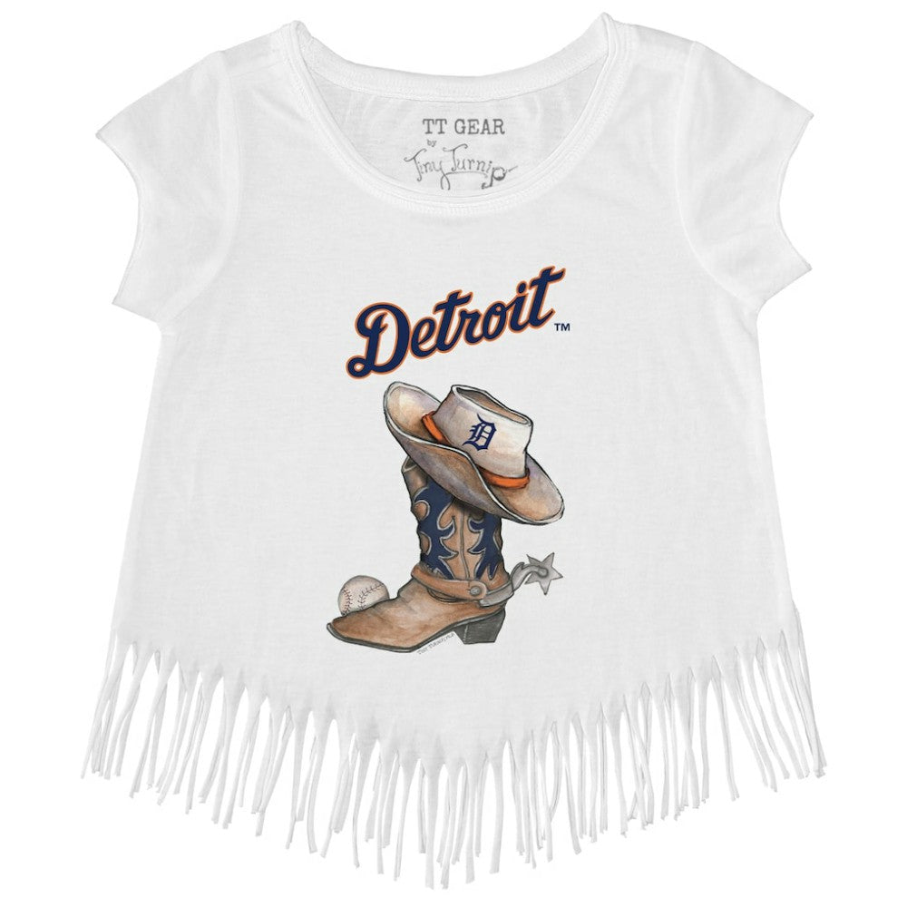 Detroit Tigers Tiny Turnip Girls Youth Cowboy Boot Fringe T-Shirt On Sale