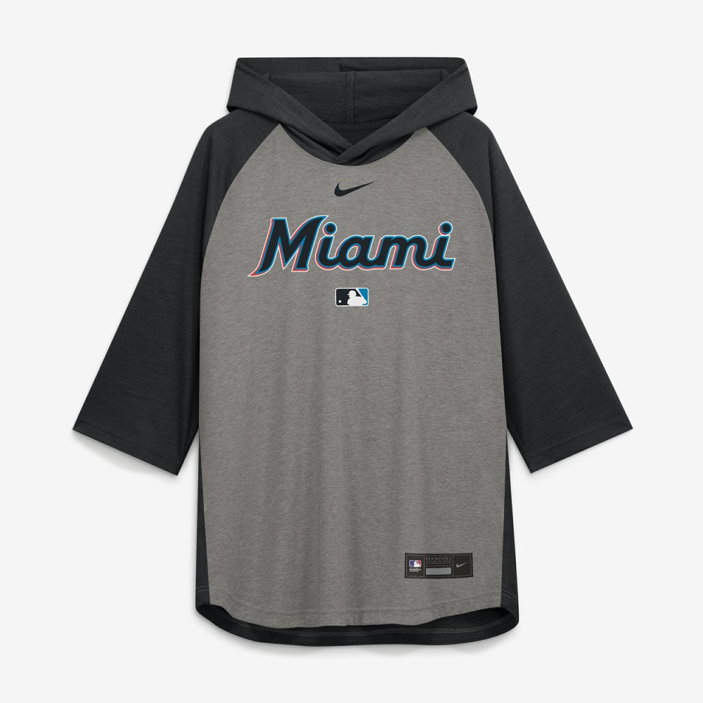 Miami Marlins Nike Authentic Collection Flux Dri-FIT Raglan 3/4-Sleeve Hooded T-Shirt Lifestyle