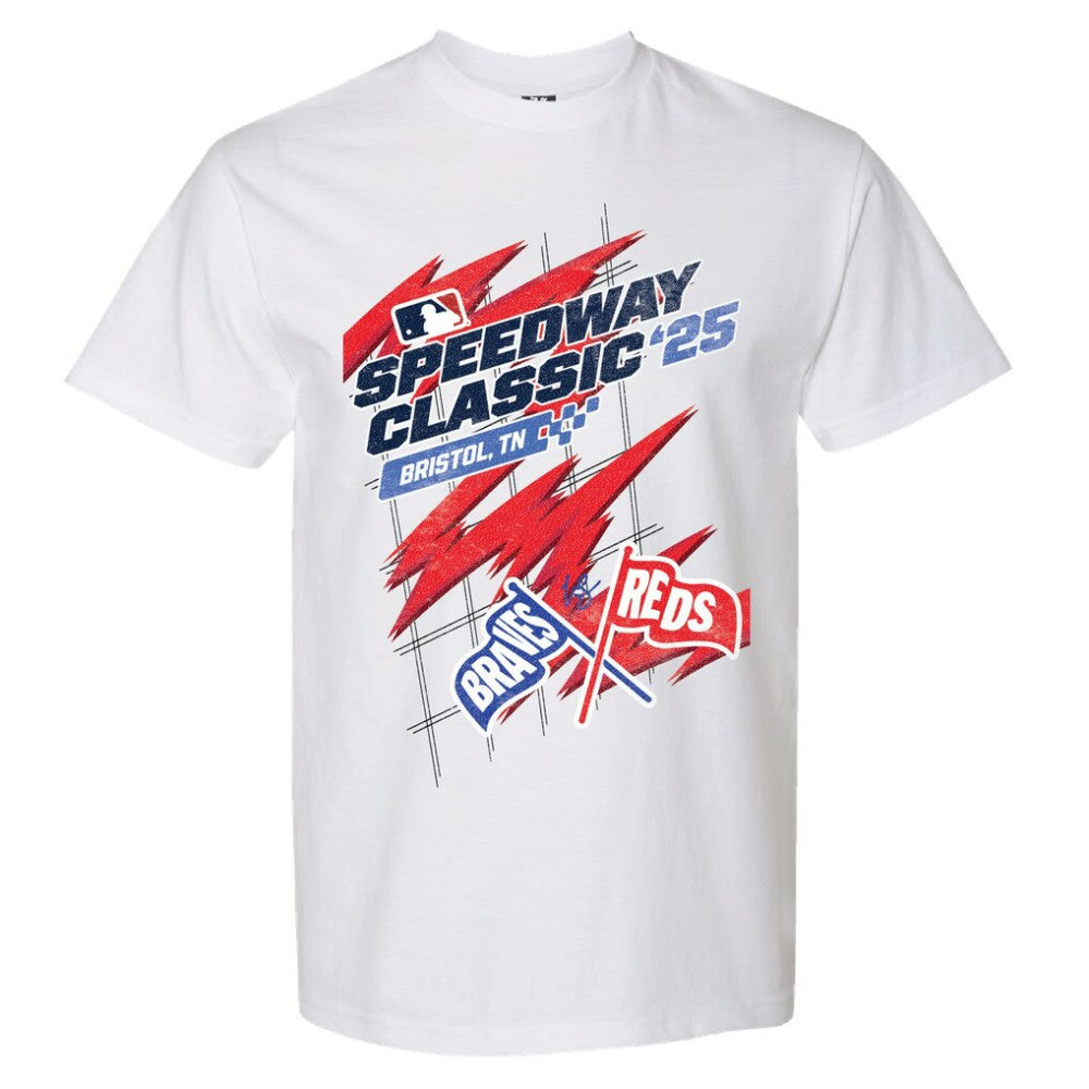 Cincinnati Reds vs. Atlanta Braves The Wild Collective Women's 2025 Speedway Classic Flags T-Shirt Near Me