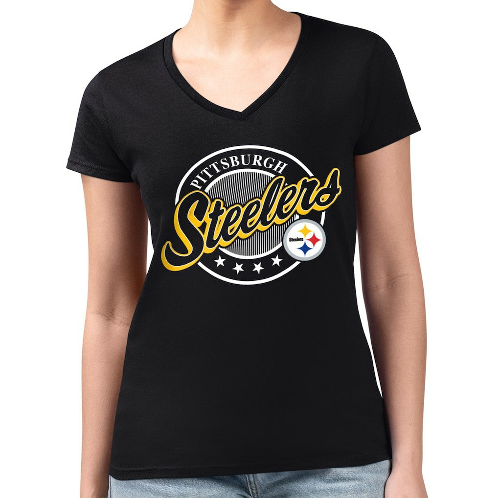 Pittsburgh Steelers G-III 4Her by Carl Banks Women's Super-Slim Fit Lightweight Pinstripe Circle V-Neck T-Shirt Black - NFL
