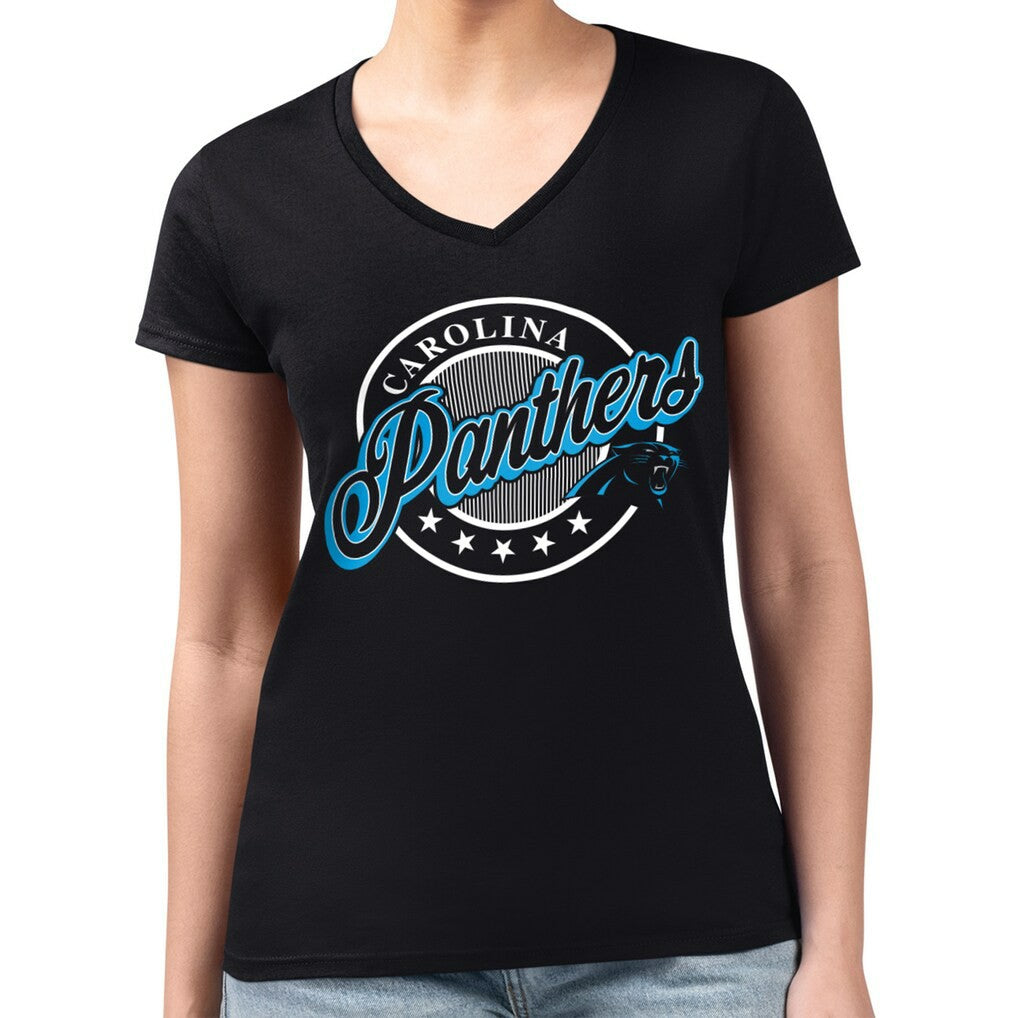 Carolina Panthers G-III 4Her by Carl Banks Women's Super-Slim Fit Lightweight Pinstripe Circle V-Neck T-Shirt Black - NFL