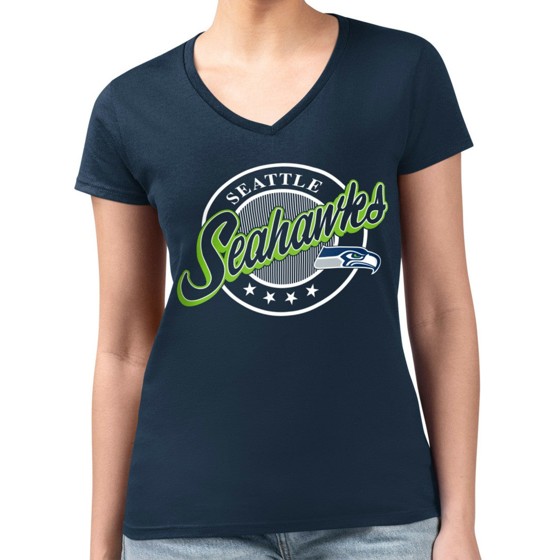 Seattle Seahawks G-III 4Her by Carl Banks Women's Super-Slim Fit Lightweight Pinstripe Circle V-Neck T-Shirt Navy - NFL