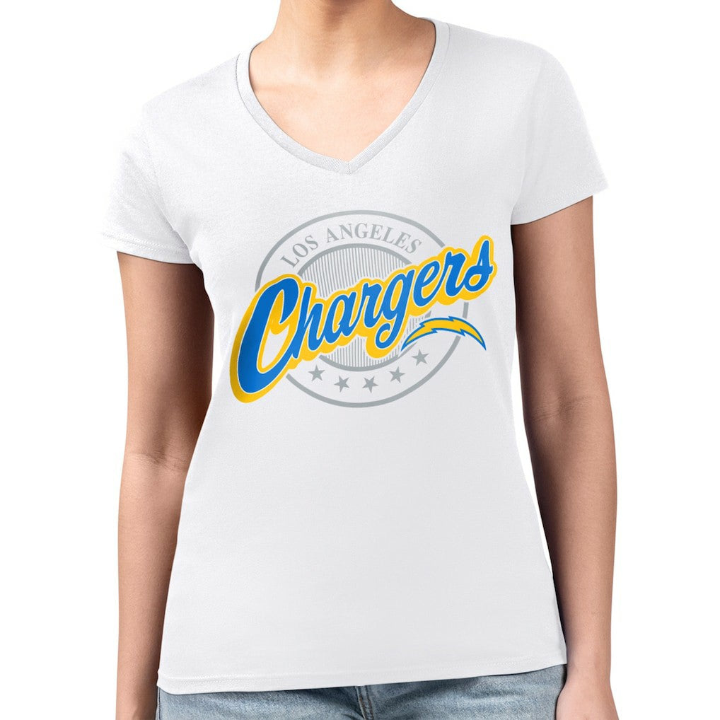 Los Angeles Chargers G-III 4Her by Carl Banks Women's Super-Slim Fit Lightweight Pinstripe Circle V-Neck T-Shirt White - NFL