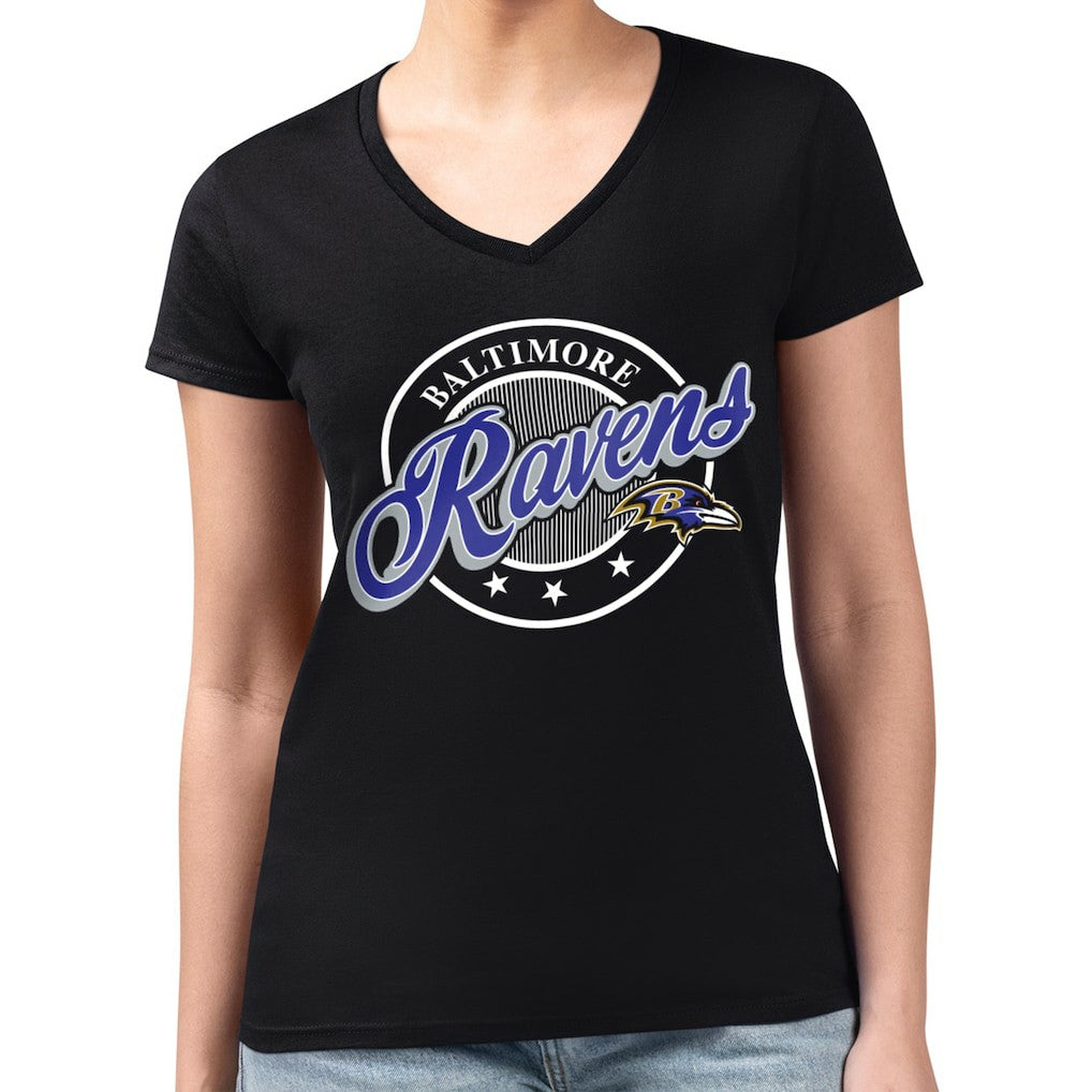 Baltimore Ravens G-III 4Her by Carl Banks Women's Super-Slim Fit Lightweight Pinstripe Circle V-Neck T-Shirt Black - NFL
