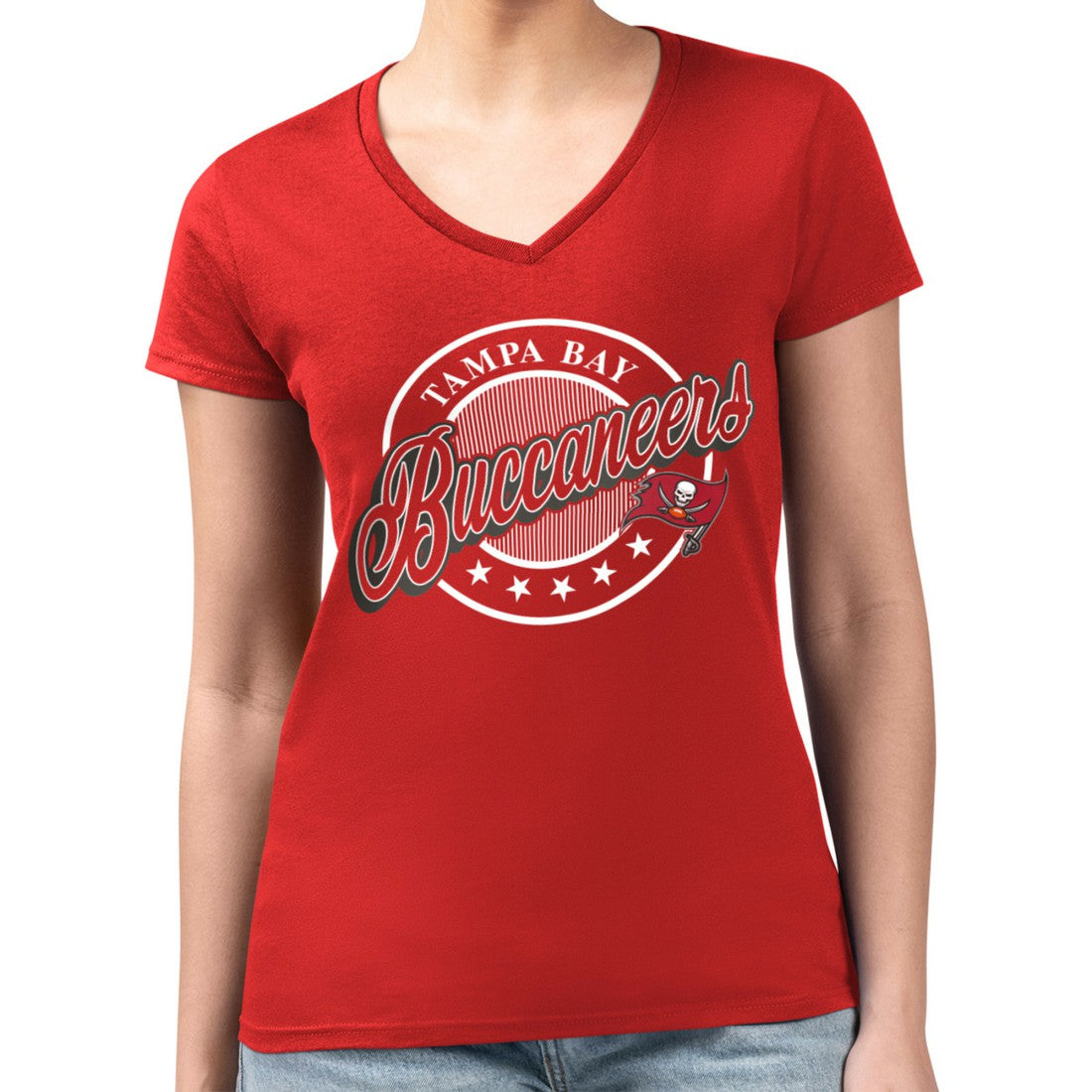 Tampa Bay Buccaneers G-III 4Her by Carl Banks Women's Super-Slim Fit Lightweight Pinstripe Circle V-Neck T-Shirt Red - NFL