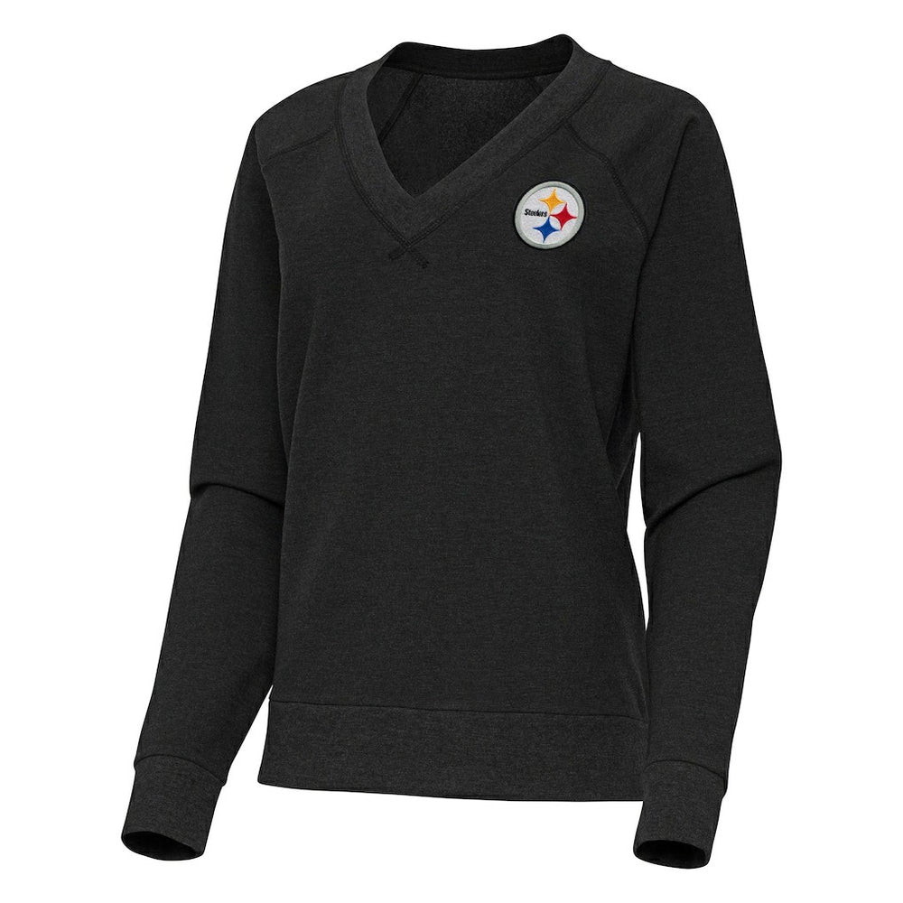 Pittsburgh Steelers Antigua Women's Varsity Tri-Blend V-Neck Long Sleeve T-Shirt Heather Black - NFL