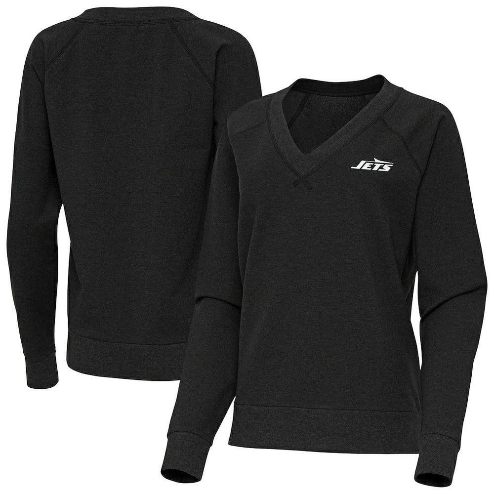 New York Jets Antigua Women's Varsity Tri-Blend V-Neck Long Sleeve T-Shirt Heather Black - NFL