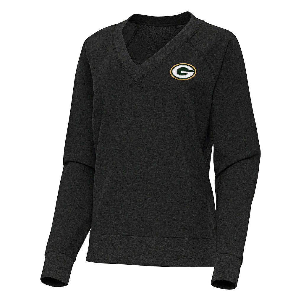 Green Bay Packers Antigua Women's Varsity Tri-Blend V-Neck Long Sleeve T-Shirt Heather Black - NFL