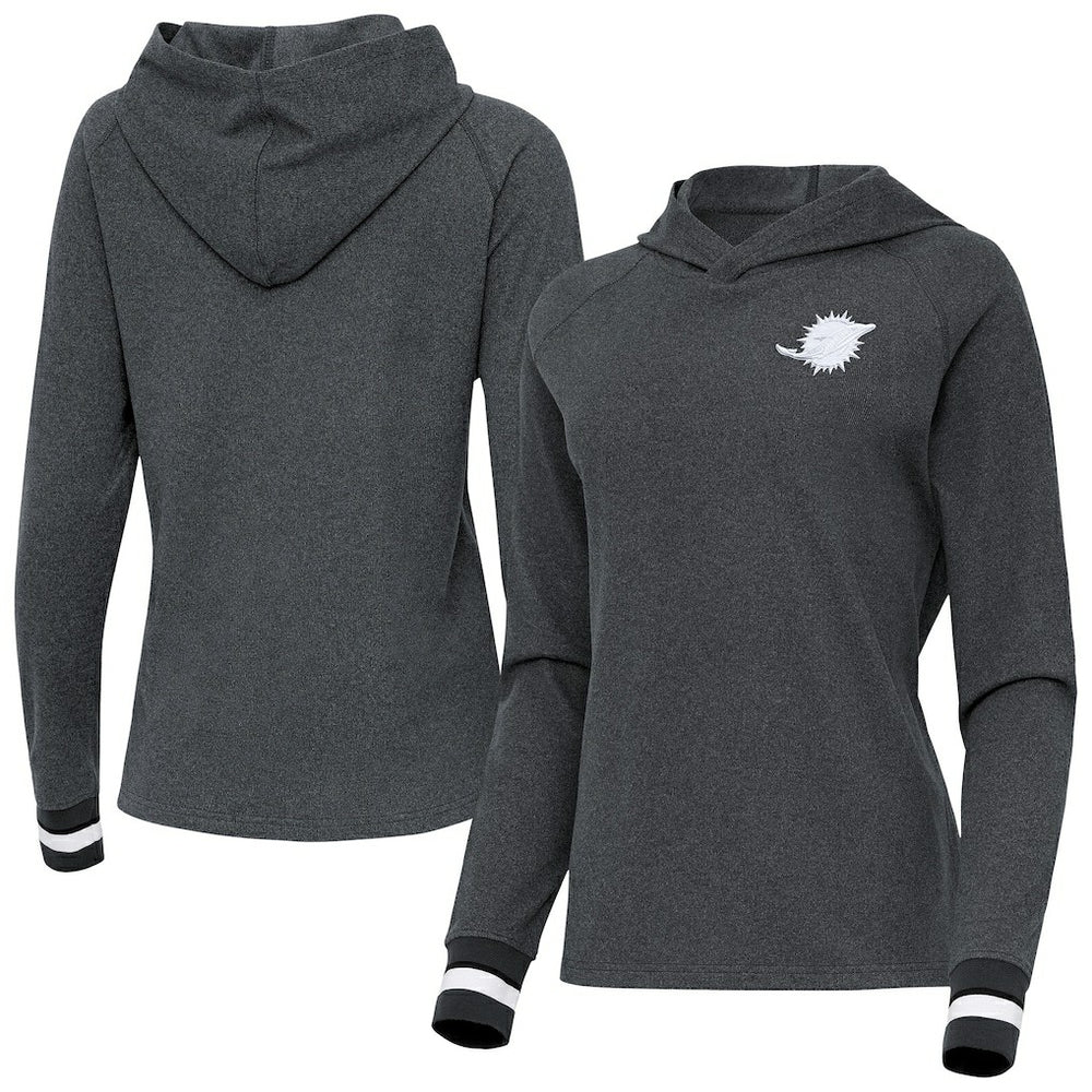 Miami Dolphins Antigua Women's Trek Raglan Pullover Hoodie Heather Charcoal - NFL
