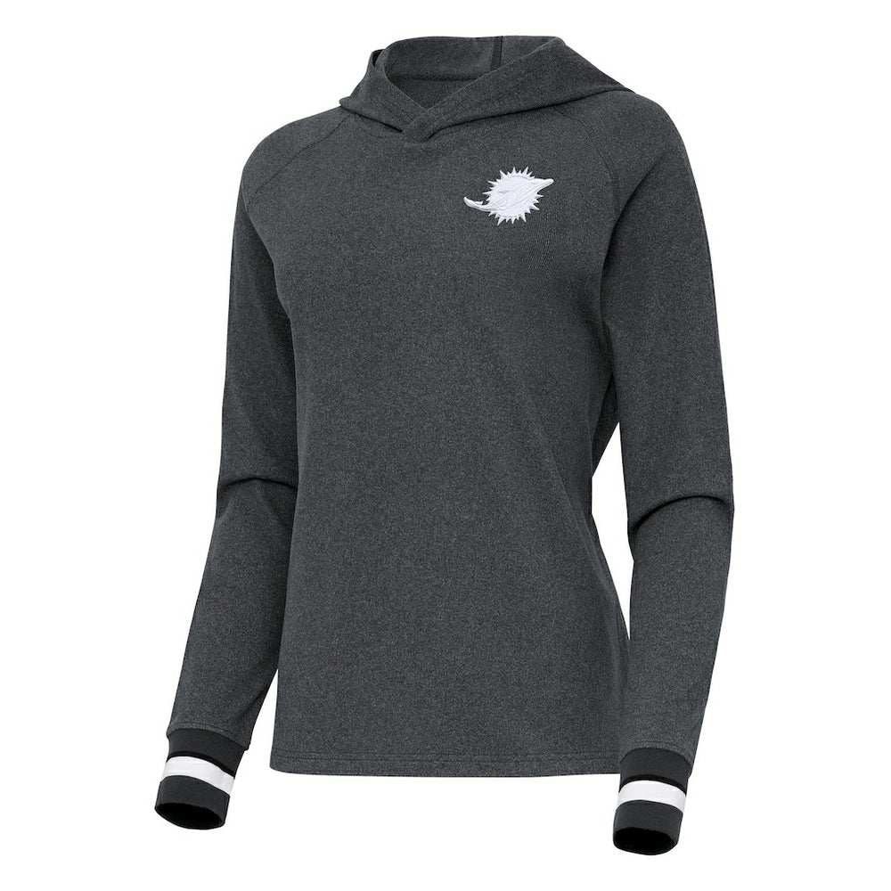 Miami Dolphins Antigua Women's Trek Raglan Pullover Hoodie Heather Charcoal - NFL