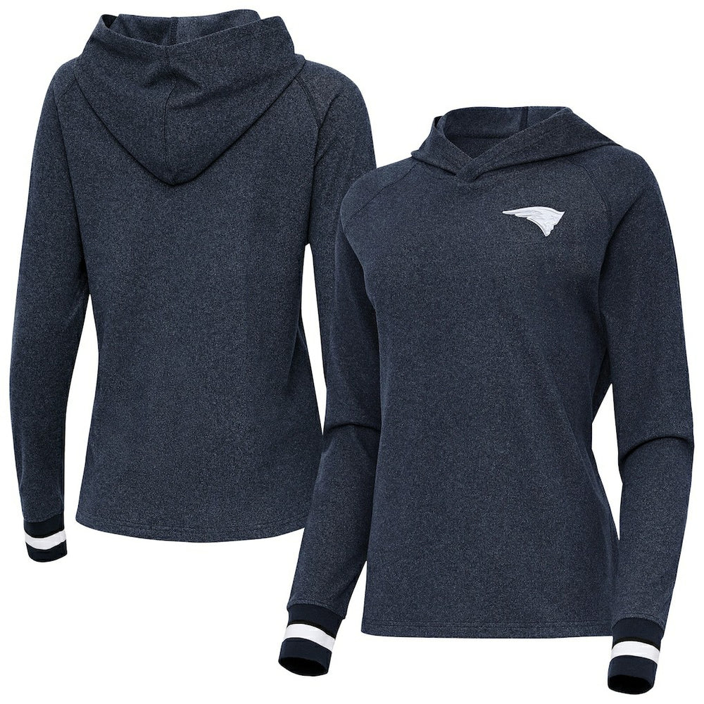 New England Patriots Antigua Women's Trek Raglan Pullover Hoodie Heather Navy - NFL