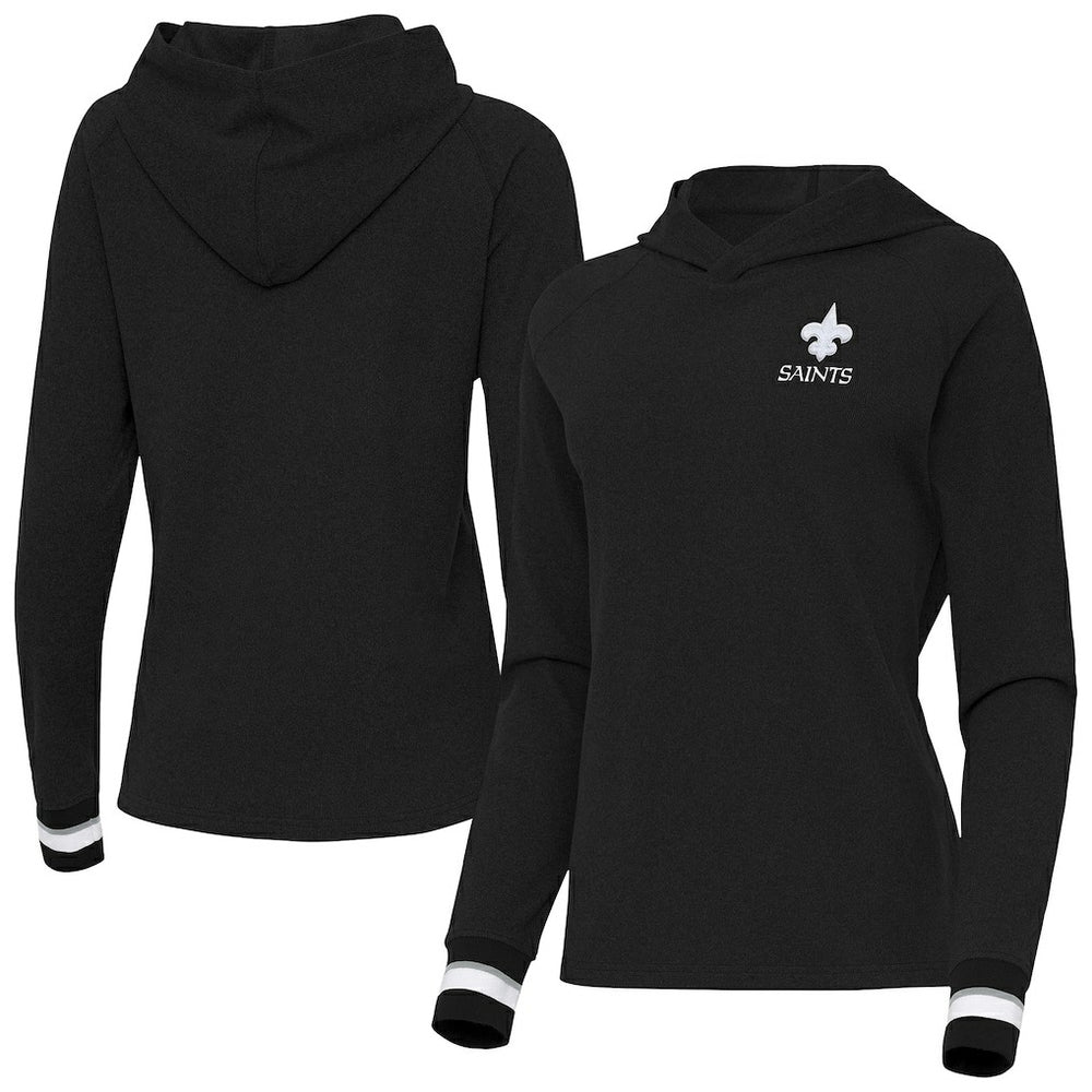 New Orleans Saints Antigua Women's Trek Raglan Pullover Hoodie Black - NFL