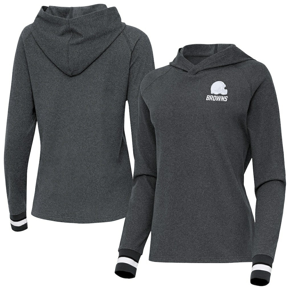 Cleveland Browns Antigua Women's Trek Raglan Pullover Hoodie Heather Charcoal - NFL