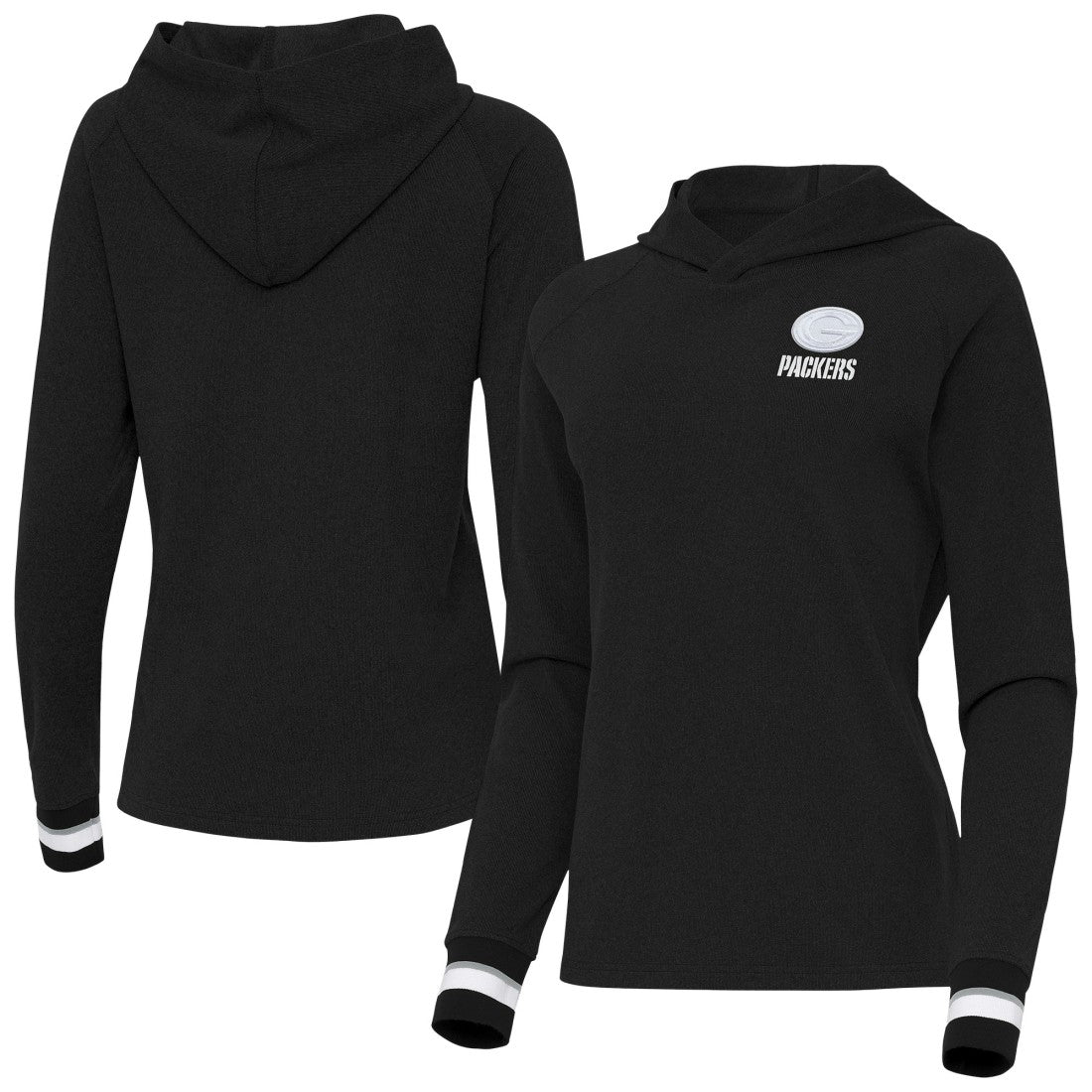 Green Bay Packers Antigua Women's Trek Raglan Pullover Hoodie Black - NFL