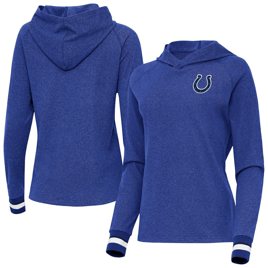 Indianapolis Colts Antigua Women's Trek Raglan Pullover Hoodie Heather Royal - NFL