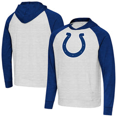 Indianapolis Colts Antigua Urgent Raglan Pullover Hoodie Heather Gray/Heather Royal - NFL
