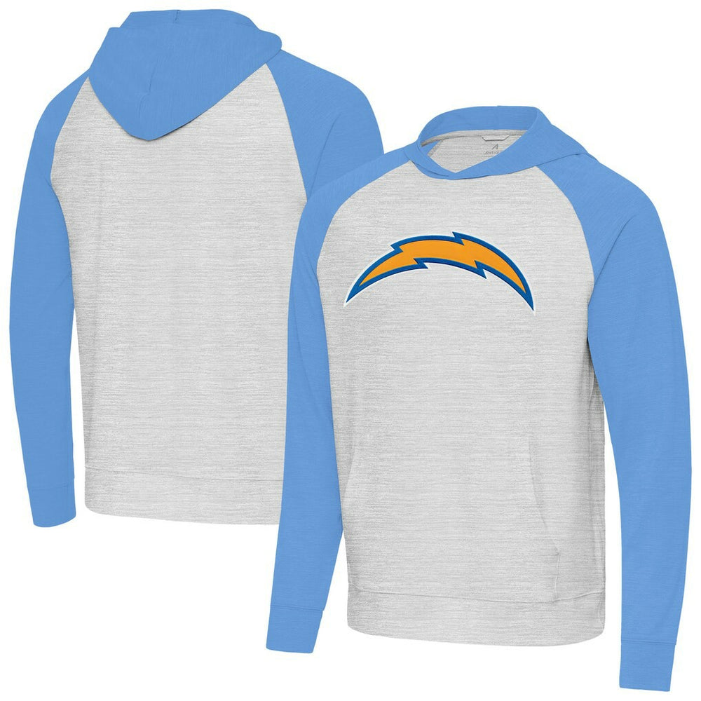 Los Angeles Chargers Antigua Urgent Raglan Pullover Hoodie Heather Gray/Heather Powder Blue - NFL