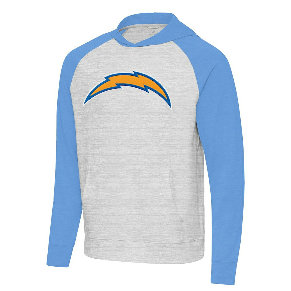 Los Angeles Chargers Antigua Urgent Raglan Pullover Hoodie Heather Gray/Heather Powder Blue - NFL