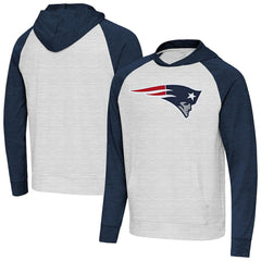 New England Patriots Antigua Urgent Raglan Pullover Hoodie Heather Gray/Heather Navy - NFL