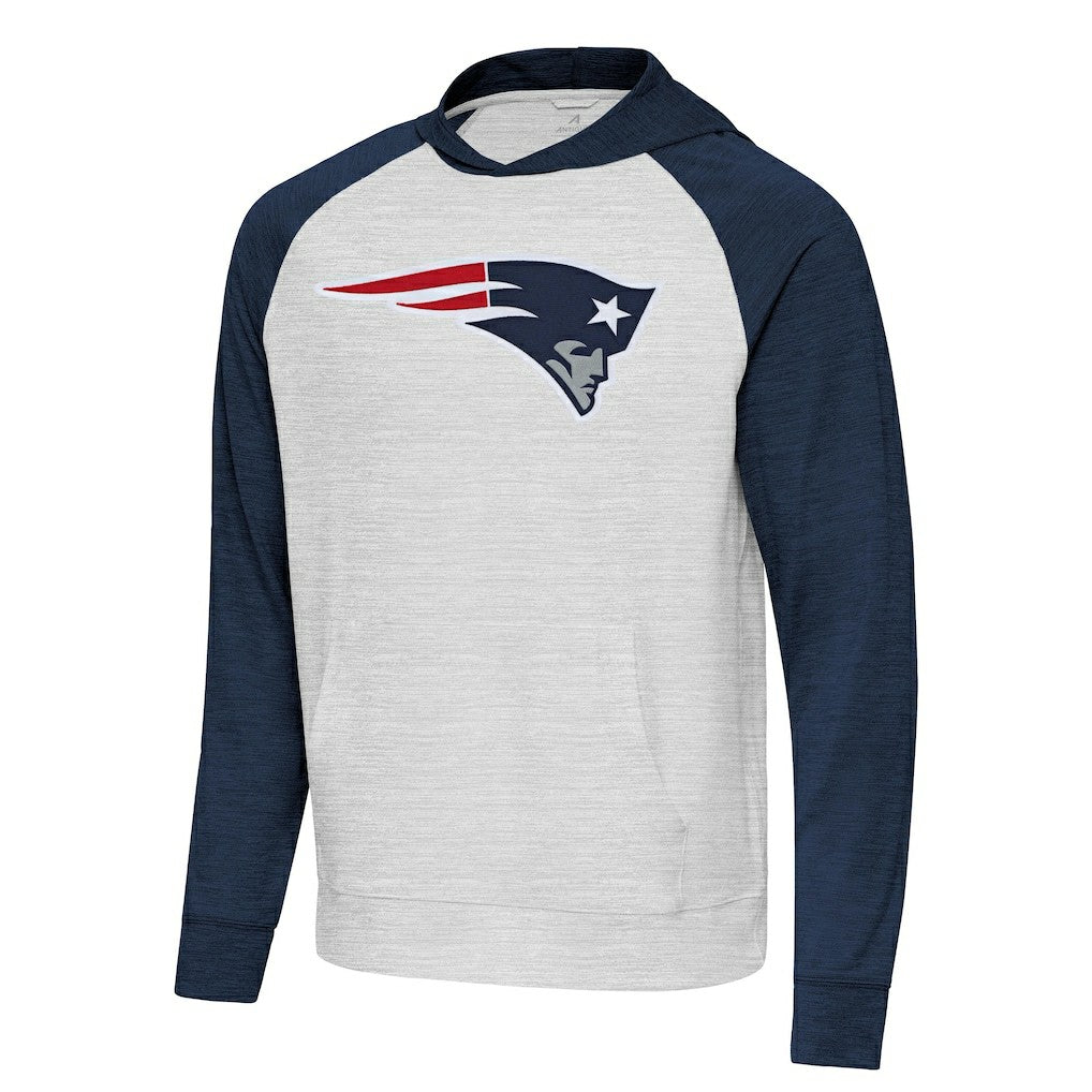 New England Patriots Antigua Urgent Raglan Pullover Hoodie Heather Gray/Heather Navy - NFL