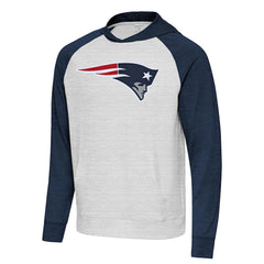 New England Patriots Antigua Urgent Raglan Pullover Hoodie Heather Gray/Heather Navy - NFL