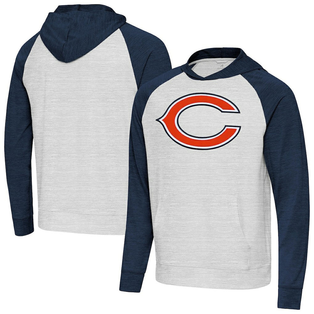 Chicago Bears Antigua Urgent Raglan Pullover Hoodie Heather Gray/Heather Navy - NFL