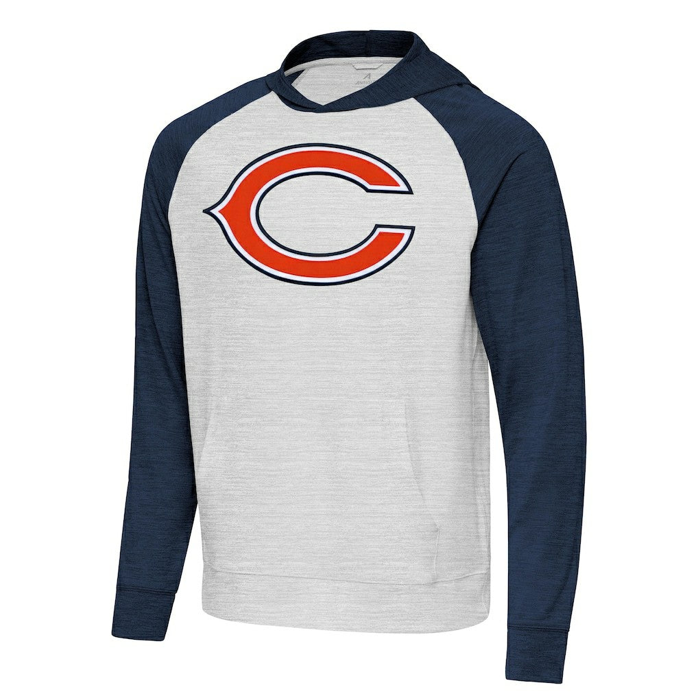 Chicago Bears Antigua Urgent Raglan Pullover Hoodie Heather Gray/Heather Navy - NFL