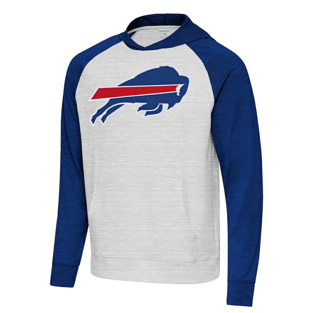 Buffalo Bills Antigua Urgent Raglan Pullover Hoodie Heather Gray/Heather Royal - NFL