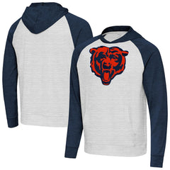 Chicago Bears Antigua Urgent Raglan Pullover Hoodie Heather Gray/Heather Navy - NFL