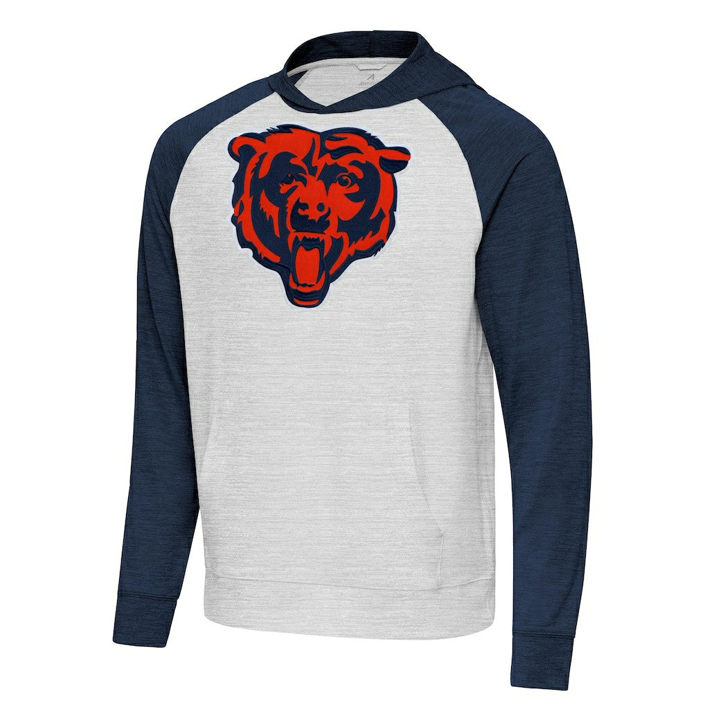 Chicago Bears Antigua Urgent Raglan Pullover Hoodie Heather Gray/Heather Navy - NFL