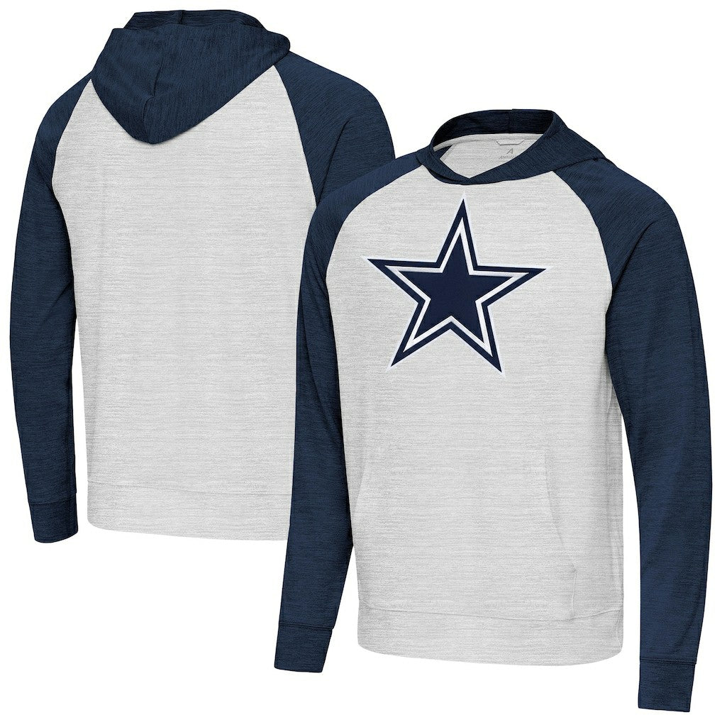 Dallas Cowboys Antigua Urgent Raglan Pullover Hoodie Heather Gray/Heather Navy - NFL